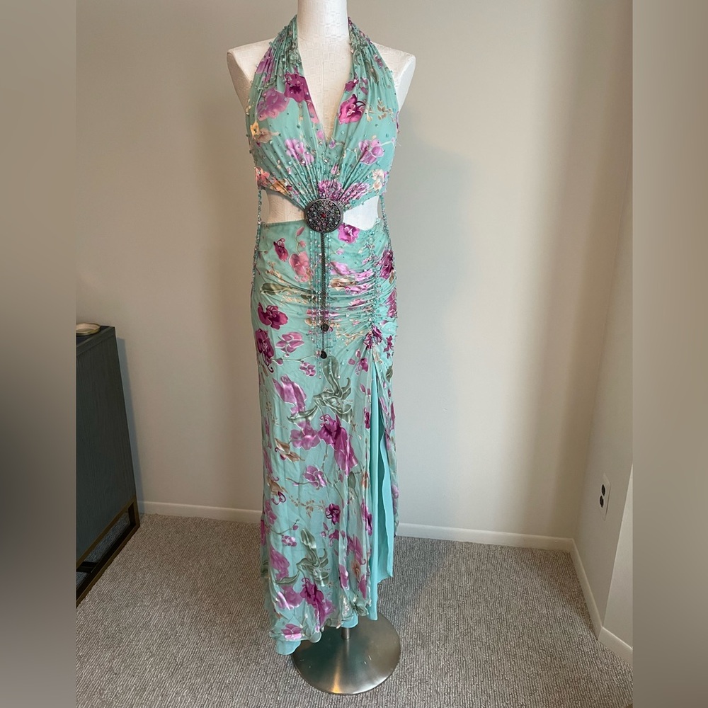 Beaded Floral Halter Maxi Dress with Jewel Detail